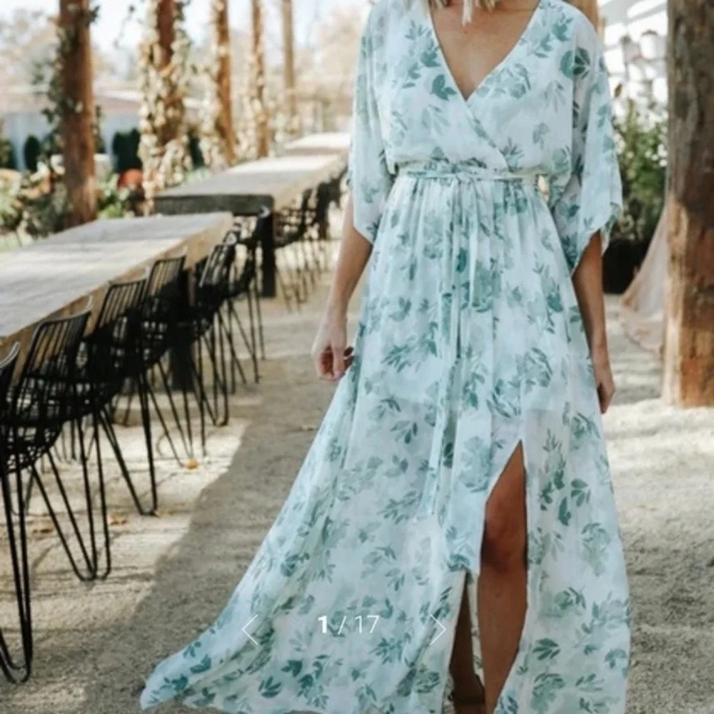 Baltic Born Katya Sage Floral Maxi Dress Wrap V-Neck Flutter Sleeve Green White - Picture 1 of 5